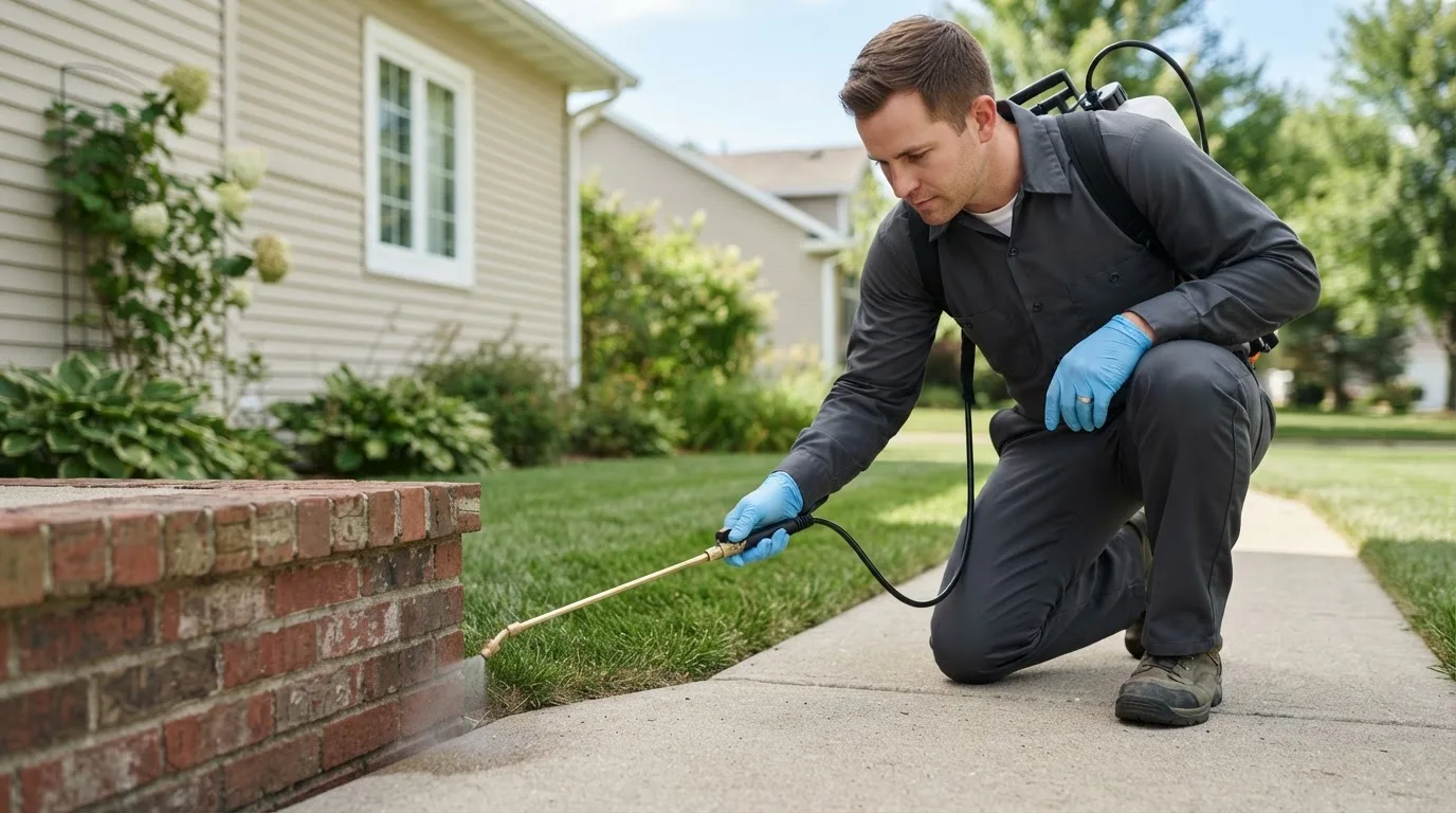 Pest control technician treating a home near Rices Landing, PA